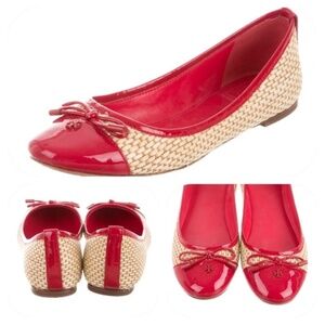 Tory Burch Red & Raffia Cap Toe Catherine Flats